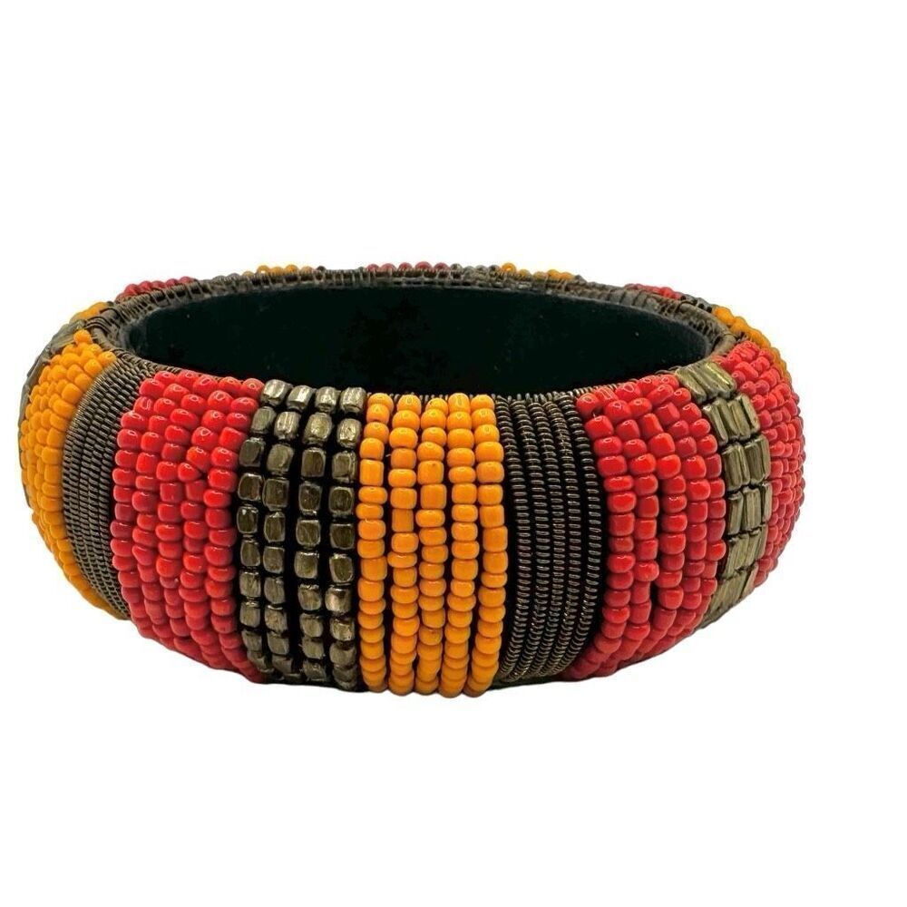 Yellow and red  beaded wide Maasai bangle bracelet